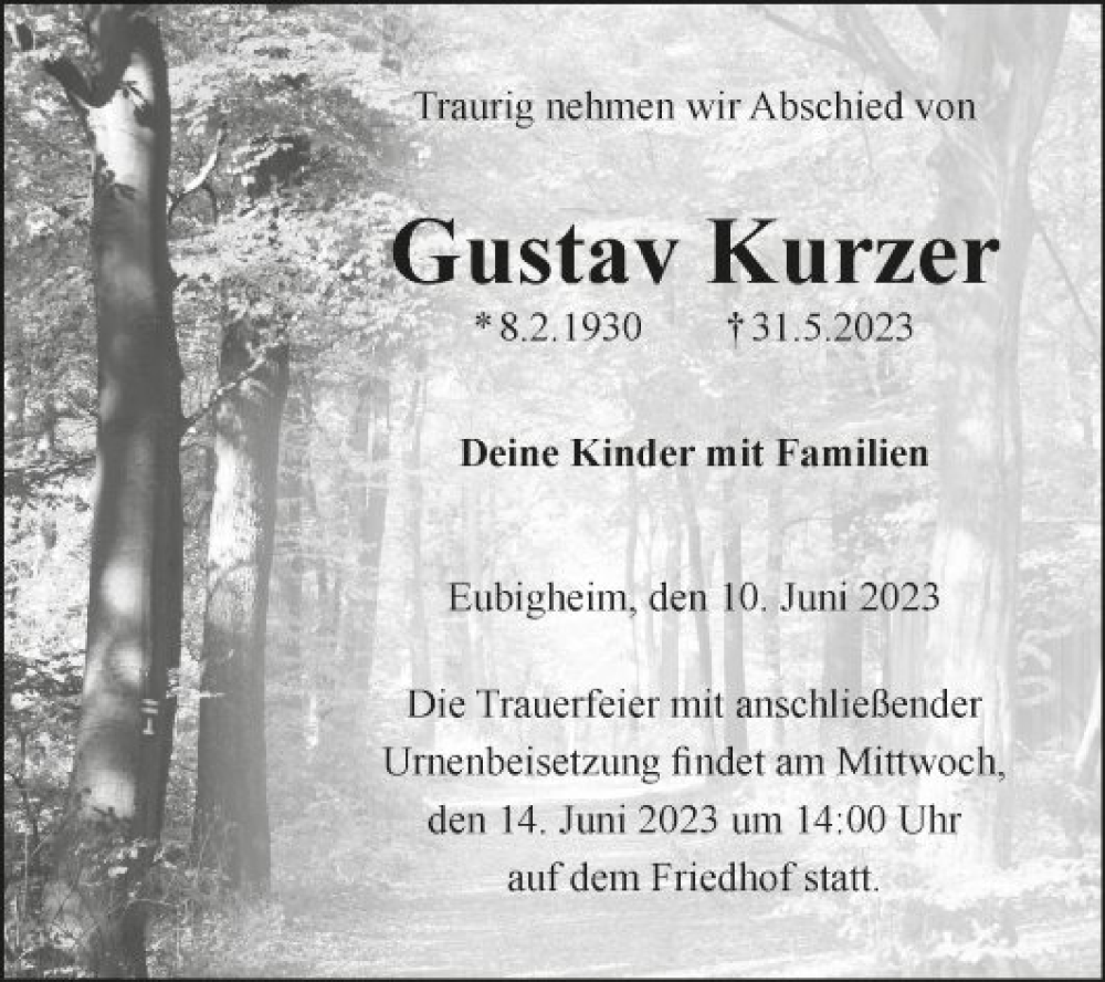  Traueranzeige für Gustav Kurzer vom 10.06.2023 aus Fränkische Nachrichten