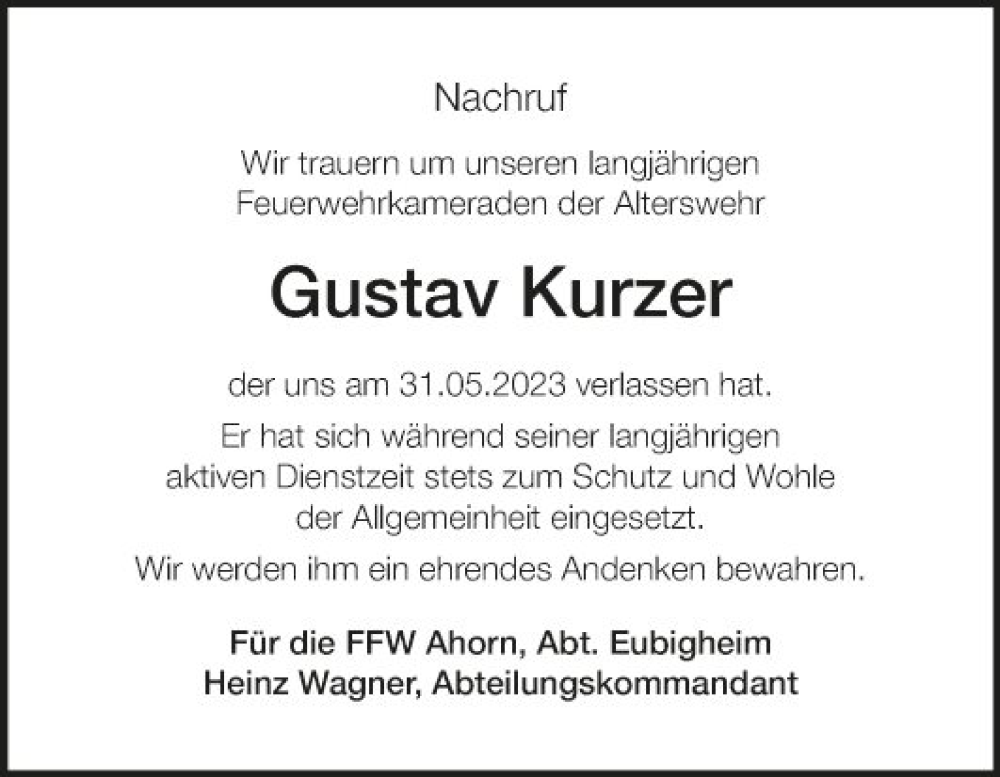  Traueranzeige für Gustav Kurzer vom 06.06.2023 aus Fränkische Nachrichten