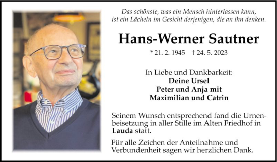 Traueranzeige von Hans-Werner Sautner von Fränkische Nachrichten