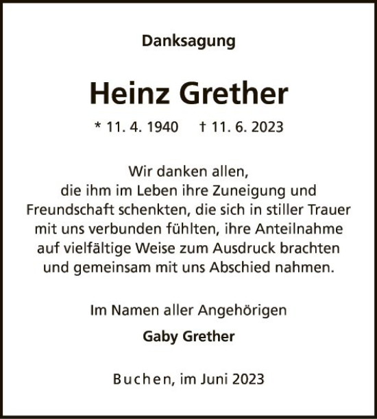 Traueranzeige von Heinz Grether von Fränkische Nachrichten