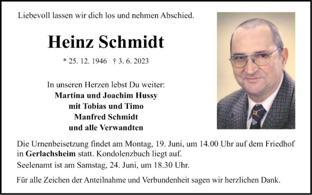  Traueranzeige für Heinz Schmidt vom 13.06.2023 aus Fränkische Nachrichten