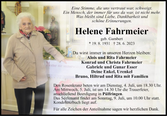 Traueranzeige von Helene Fahrmeier von Fränkische Nachrichten