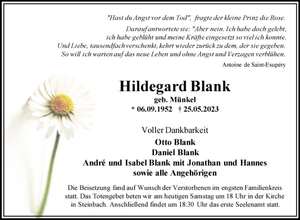 Traueranzeige für Hildegard Blank vom 17.06.2023 aus Fränkische Nachrichten