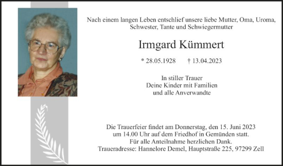 Traueranzeige von Irmgard Kümmert von Fränkische Nachrichten