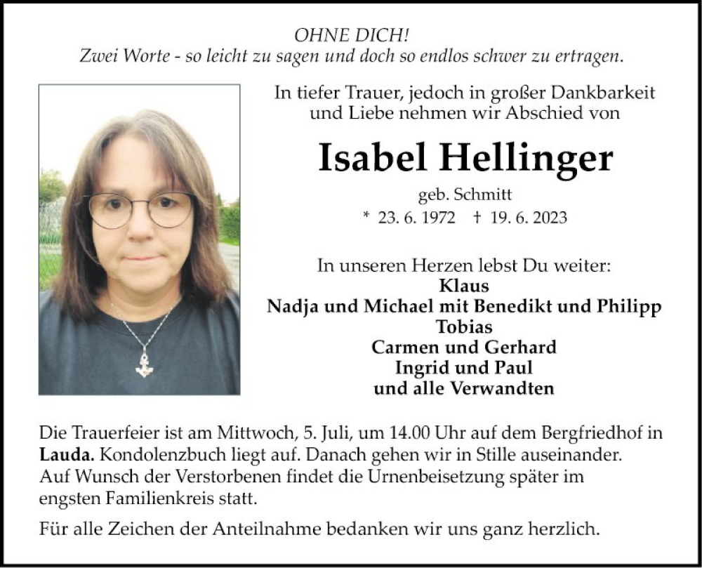  Traueranzeige für Isabel Hellinger vom 01.07.2023 aus Fränkische Nachrichten