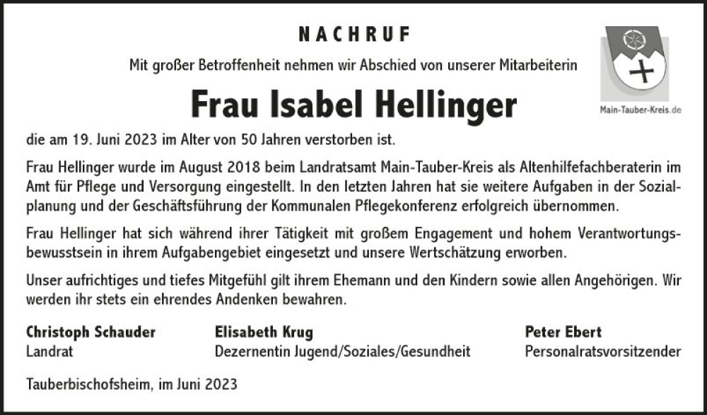 Traueranzeige für Isabel Hellinger vom 01.07.2023 aus Fränkische Nachrichten