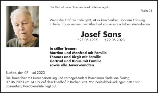 Traueranzeige von Josef Sans von Fränkische Nachrichten