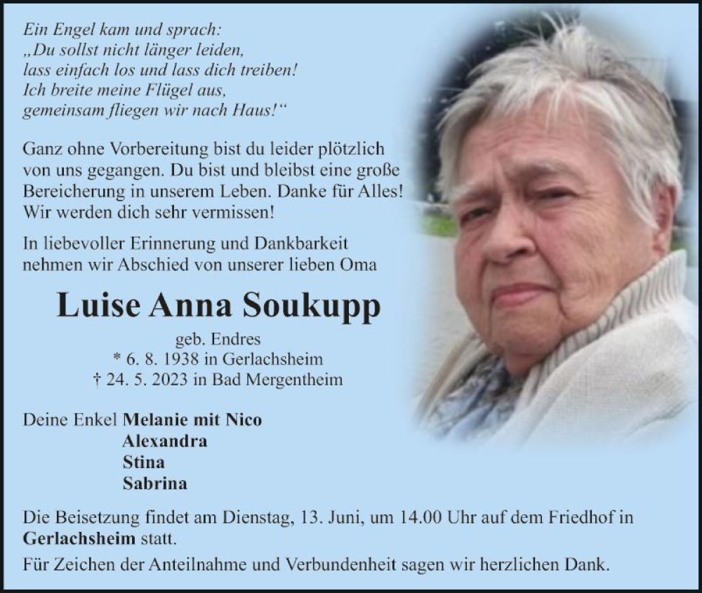  Traueranzeige für Luise Anna Soukupp vom 10.06.2023 aus Fränkische Nachrichten
