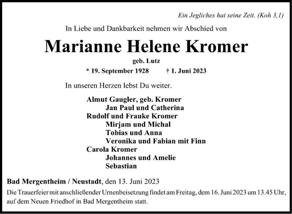  Traueranzeige für Marianne Helene Kromer vom 13.06.2023 aus Fränkische Nachrichten