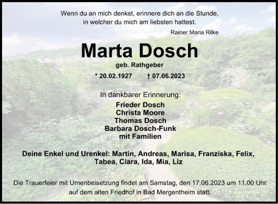 Traueranzeige von Marta Dosch von Fränkische Nachrichten