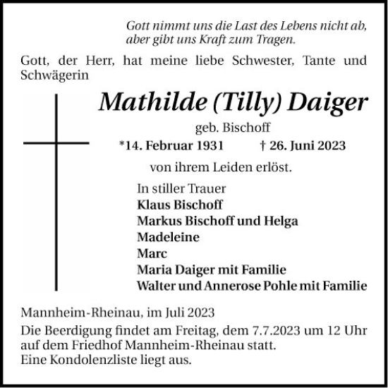 Traueranzeige von Mathilde Daiger von Mannheimer Morgen