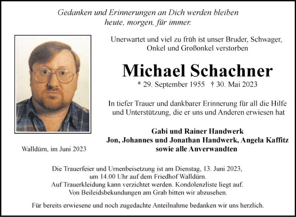  Traueranzeige für Michael Schachner vom 07.06.2023 aus Fränkische Nachrichten