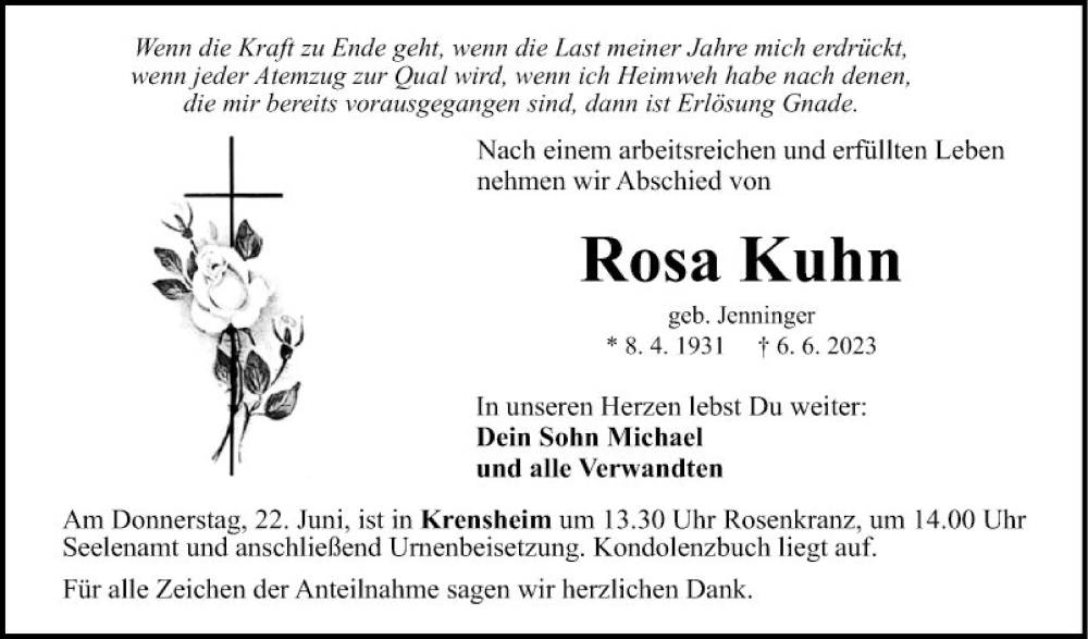  Traueranzeige für Rosa Kuhn vom 16.06.2023 aus Fränkische Nachrichten
