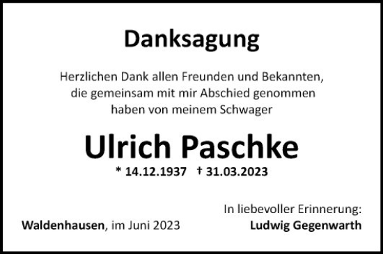 Traueranzeige von Ulrich Paschke von Fränkische Nachrichten