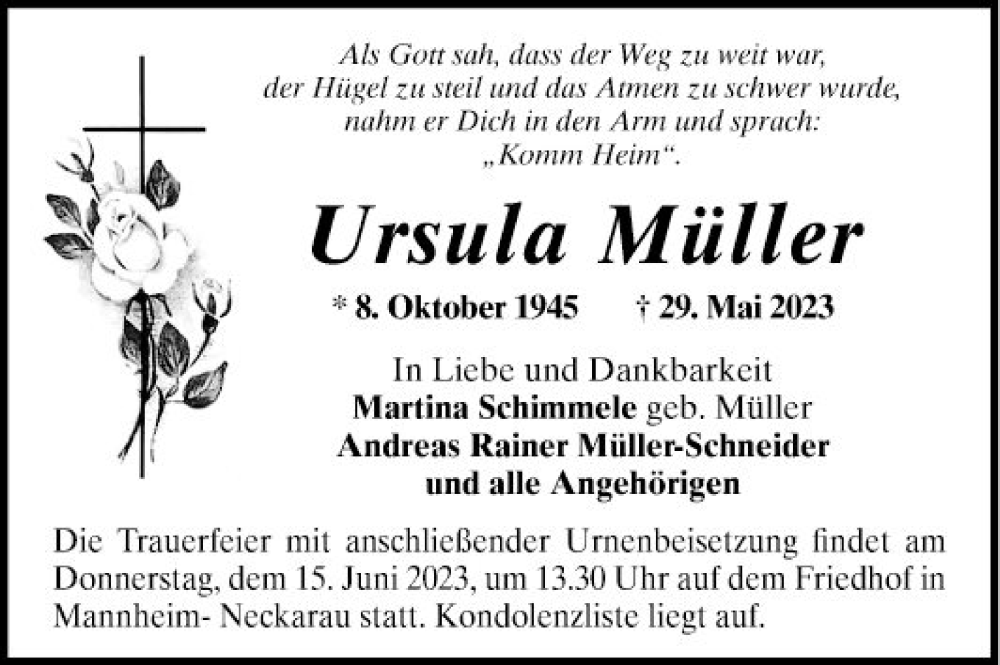  Traueranzeige für Ursula Müller vom 10.06.2023 aus Mannheimer Morgen