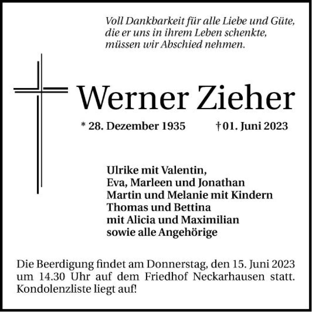  Traueranzeige für Werner Zieher vom 10.06.2023 aus Mannheimer Morgen