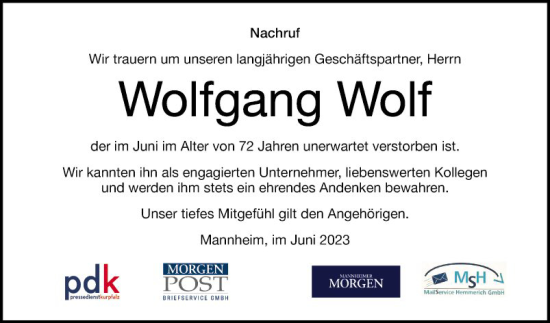 Traueranzeige von Wolfgang Wolf von Mannheimer Morgen