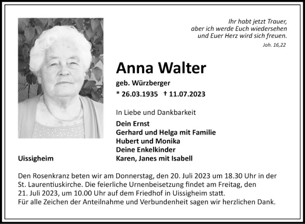  Traueranzeige für Anna Walter vom 15.07.2023 aus Fränkische Nachrichten