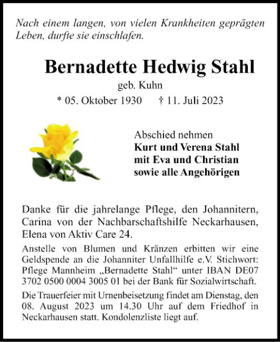 Traueranzeige von Bernadette Hedwig Stahl von Mannheimer Morgen