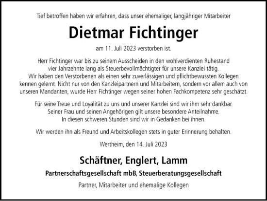 Traueranzeige von Dietmar Fichtinger von Fränkische Nachrichten