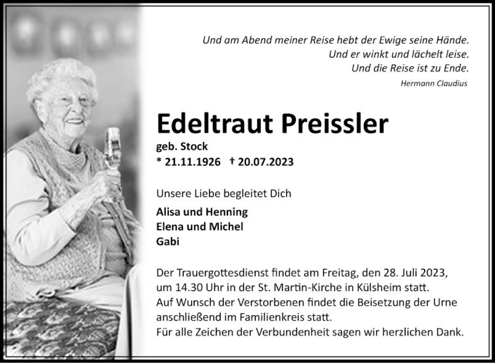 Traueranzeige für Edeltraut Preissler vom 26.07.2023 aus Fränkische Nachrichten