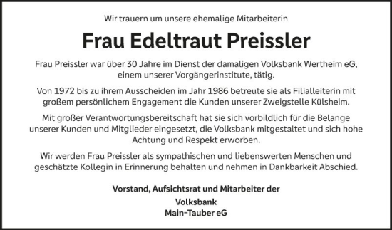 Traueranzeige von Edeltraut Preissler von Fränkische Nachrichten