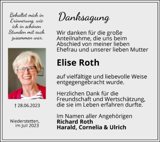 Traueranzeige von Elise Roth von Fränkische Nachrichten