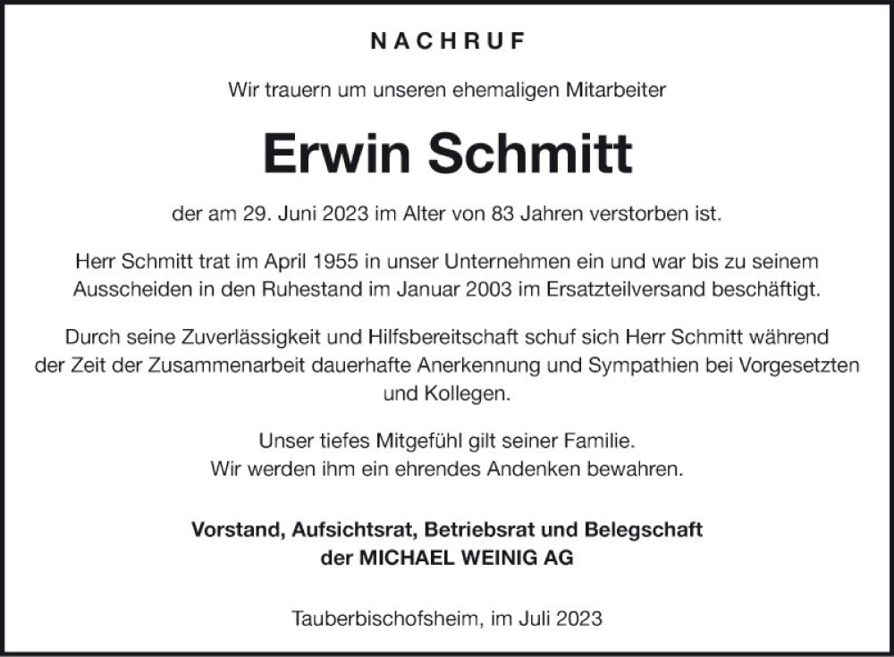  Traueranzeige für Erwin Schmitt vom 05.07.2023 aus Fränkische Nachrichten