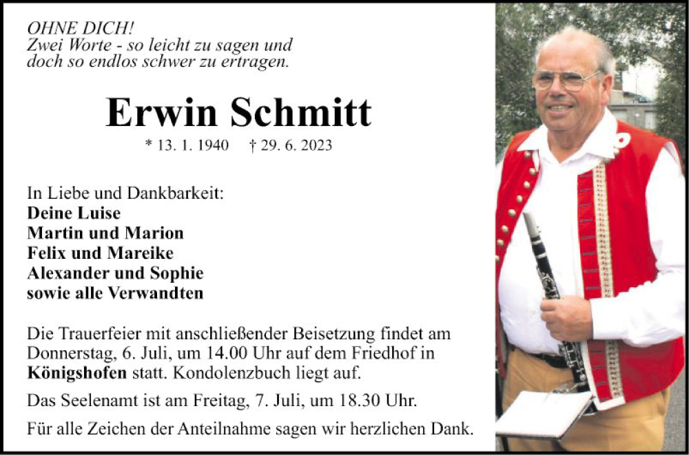  Traueranzeige für Erwin Schmitt vom 04.07.2023 aus Fränkische Nachrichten