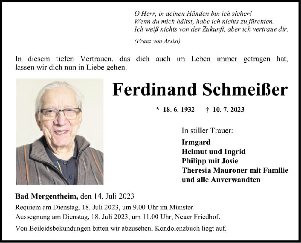  Traueranzeige für Ferdinand Schmeißer vom 14.07.2023 aus Fränkische Nachrichten