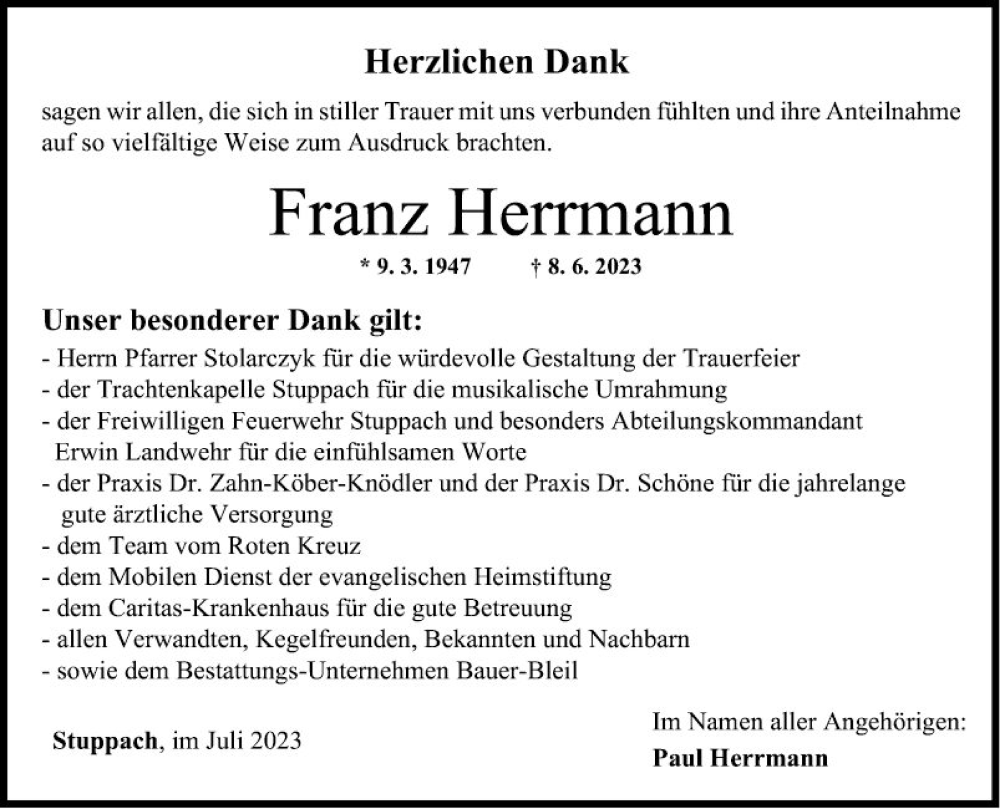 Traueranzeige für Franz Herrmann vom 14.07.2023 aus Fränkische Nachrichten