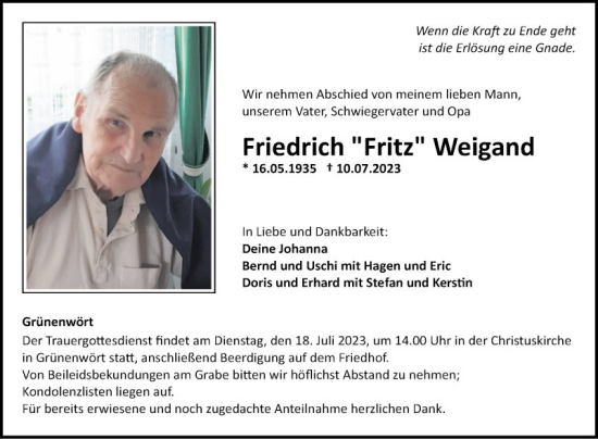 Traueranzeige von Friedrich Weigand von Fränkische Nachrichten