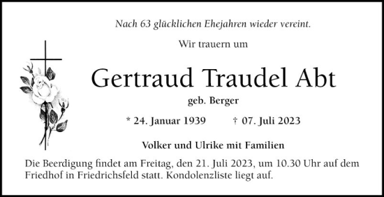 Traueranzeige von Gertraud Traudel Abt von Mannheimer Morgen