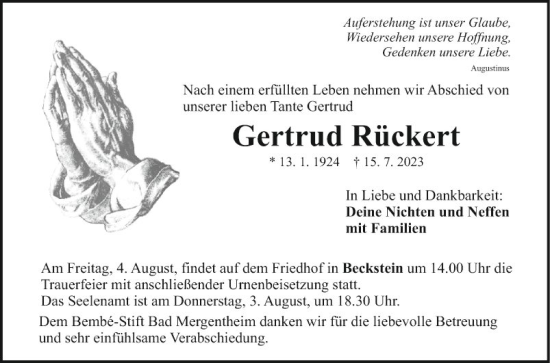 Traueranzeige von Gertrud Rückert von Fränkische Nachrichten
