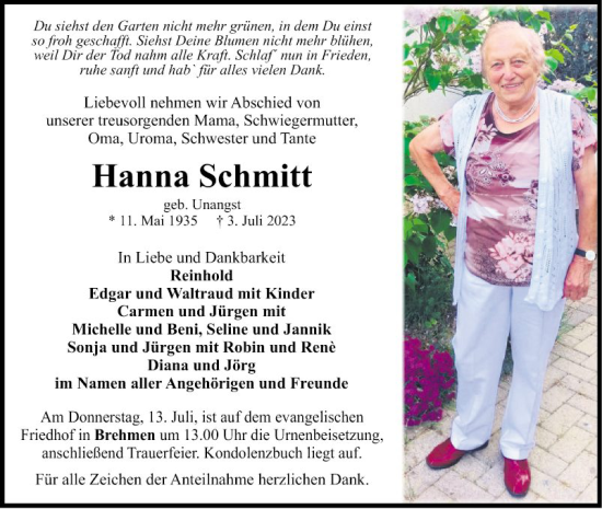 Traueranzeige von Hanna Schmitt von Fränkische Nachrichten