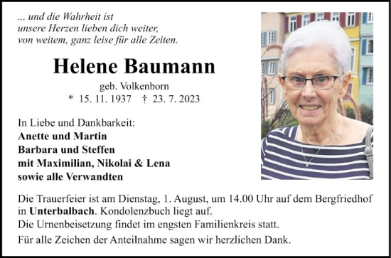 Traueranzeige von Helene Baumann von Fränkische Nachrichten