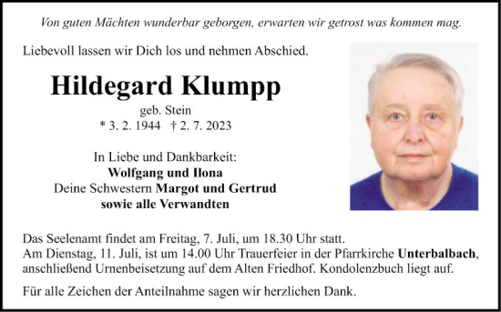 Traueranzeige von Hildegard Klumpp von Fränkische Nachrichten