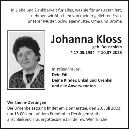 Traueranzeige von Johanna Kloss von Fränkische Nachrichten