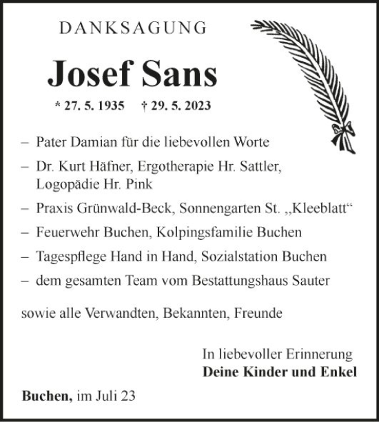 Traueranzeige von Josef Sans von Fränkische Nachrichten