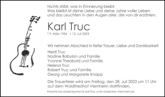 Traueranzeige von Karl Truc von Mannheimer Morgen