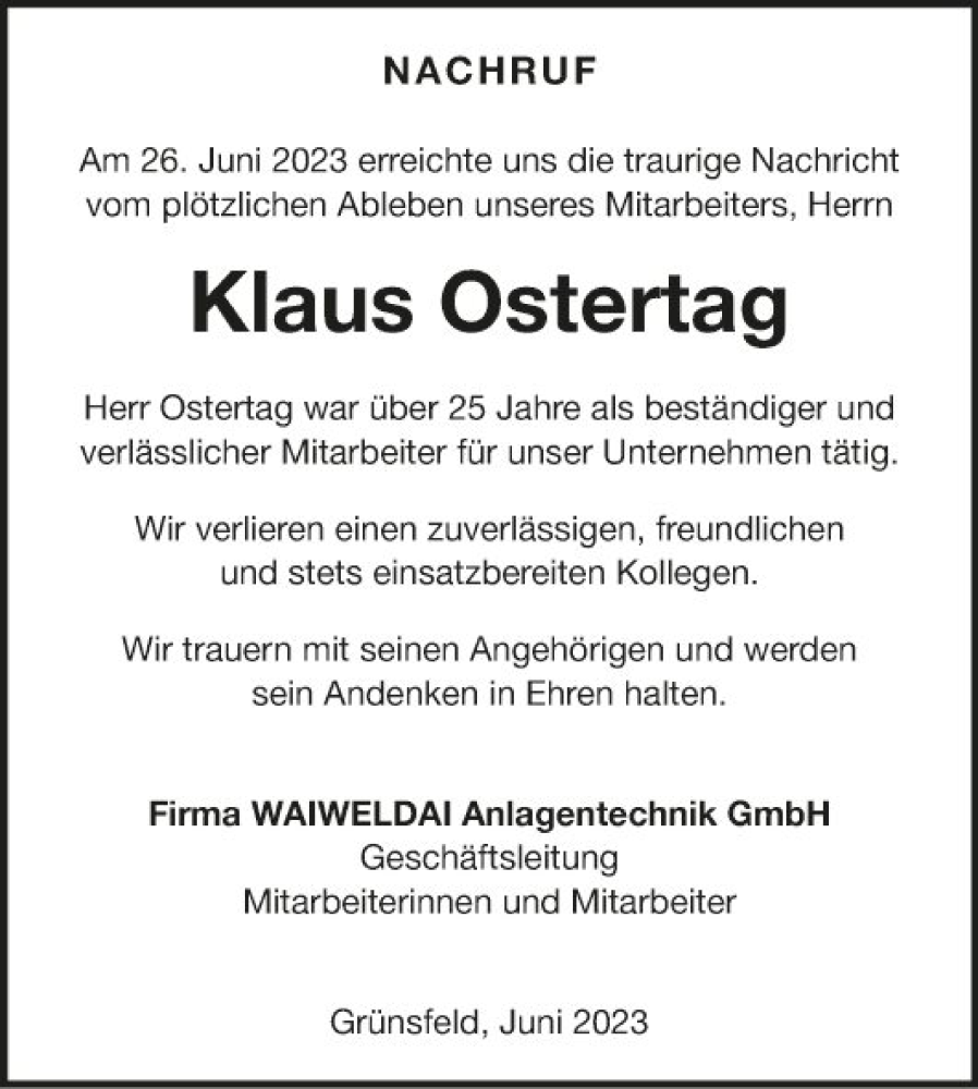 Traueranzeige für Klaus Ostertag vom 04.07.2023 aus Fränkische Nachrichten