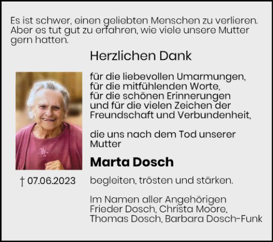 Traueranzeige von Marta Dosch von Fränkische Nachrichten