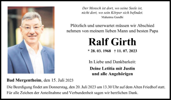 Traueranzeige von Ralf Girth von Fränkische Nachrichten