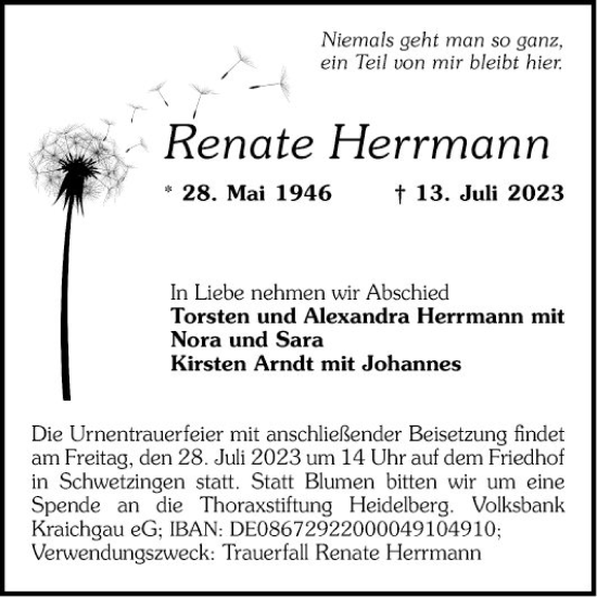 Traueranzeige von Renate Herrmann von Schwetzinger Zeitung