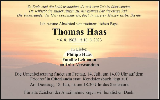 Traueranzeige von Thomas Haas von Fränkische Nachrichten