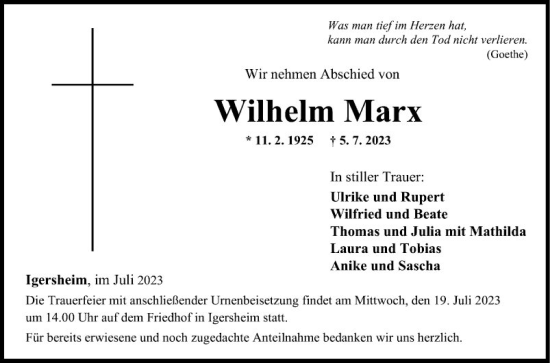 Traueranzeige von Wilhelm Marx von Fränkische Nachrichten