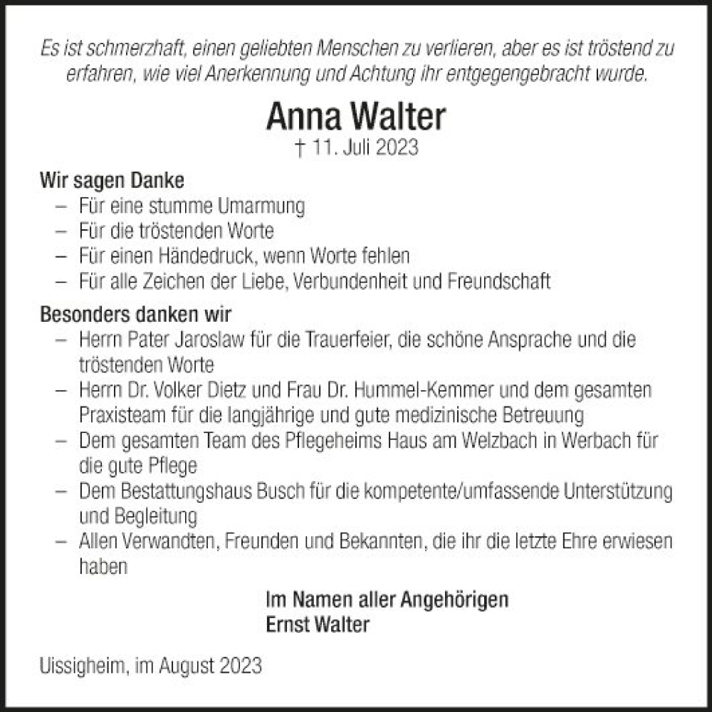  Traueranzeige für Anna Walter vom 12.08.2023 aus Fränkische Nachrichten