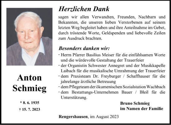 Traueranzeige von Anton Schmieg von Fränkische Nachrichten