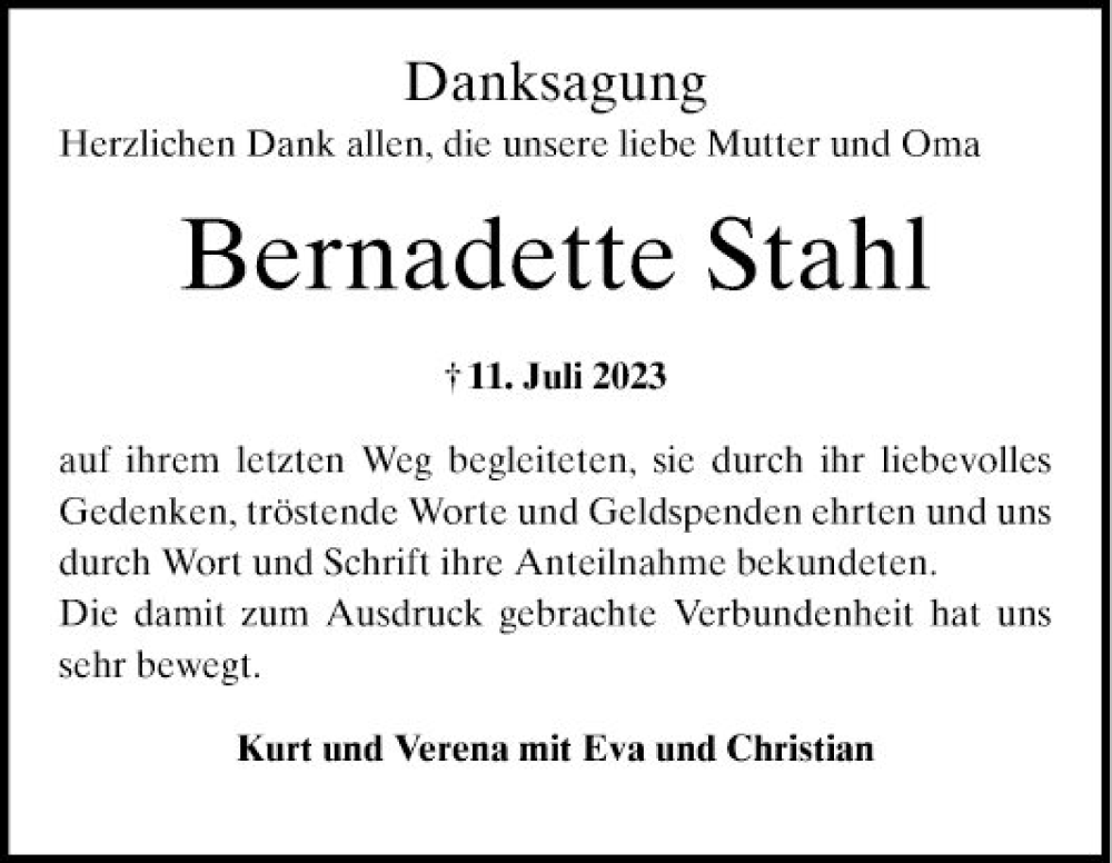  Traueranzeige für Bernadette Stahl vom 26.08.2023 aus Mannheimer Morgen