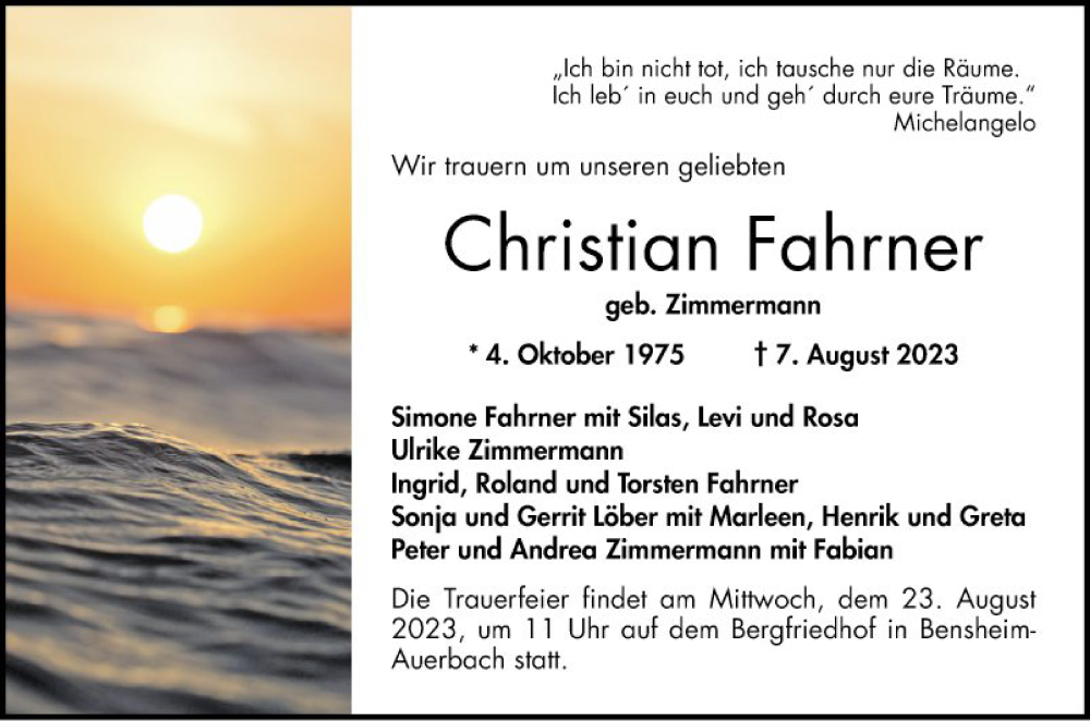  Traueranzeige für Christian Fahrner vom 19.08.2023 aus Bergsträßer Anzeiger